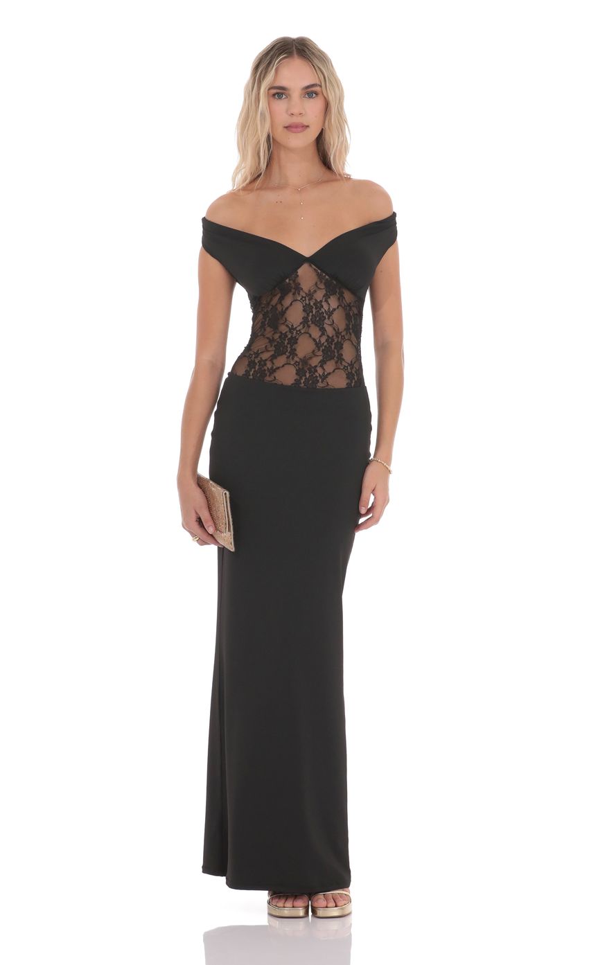 Picture Off Shoulder Lace Cutout Maxi Dress in Black. Source: https://media-img.lucyinthesky.com/data/product-media/850xAUTO/daf4849e-fabd-4fcb-a859-68b55c89dc06.jpg