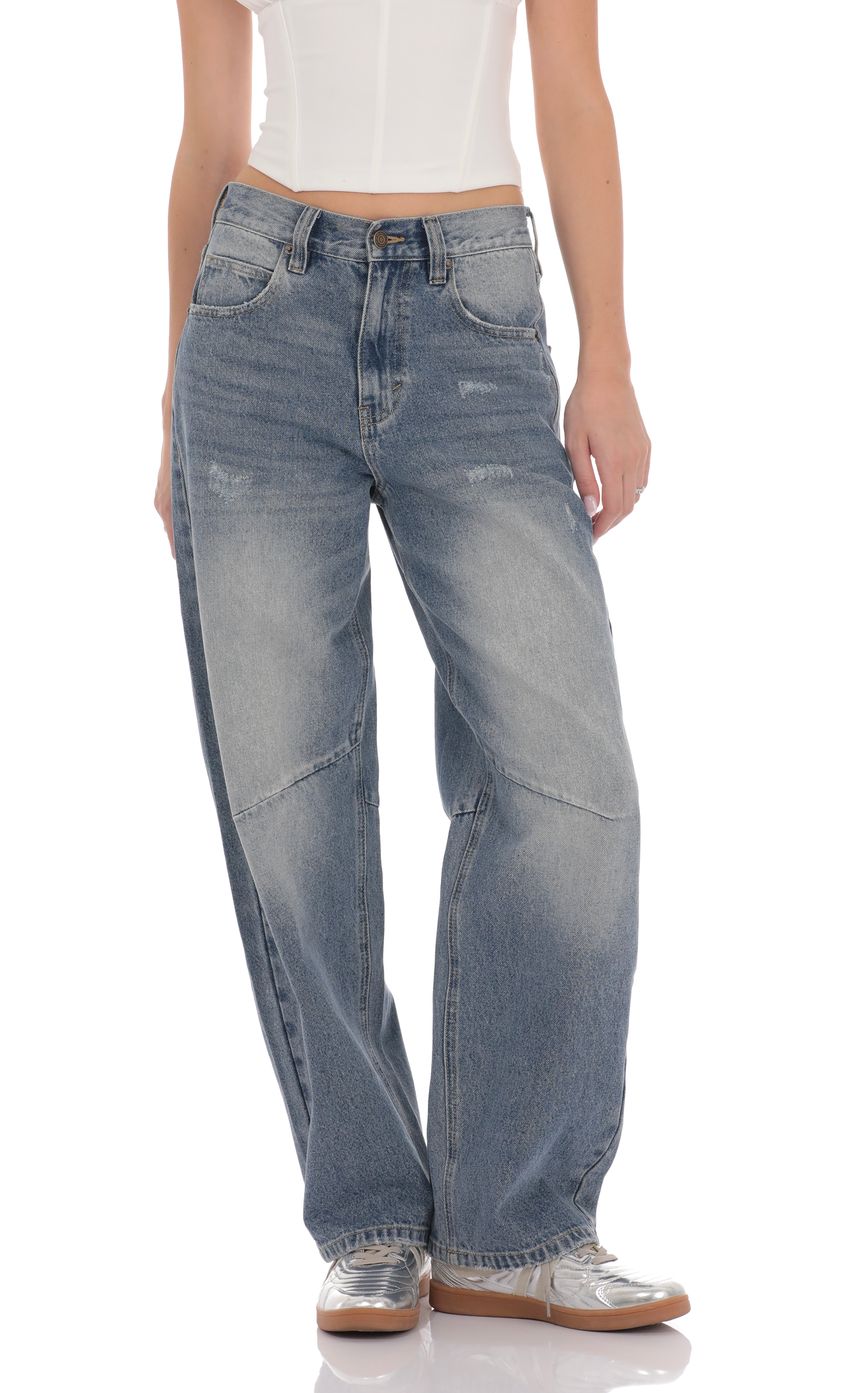 Picture Distress Barrel Jeans in Faded Denim. Source: https://media-img.lucyinthesky.com/data/product-media/850xAUTO/db473bdd-1988-4c1e-ab37-29b5d9e5cce5.jpg