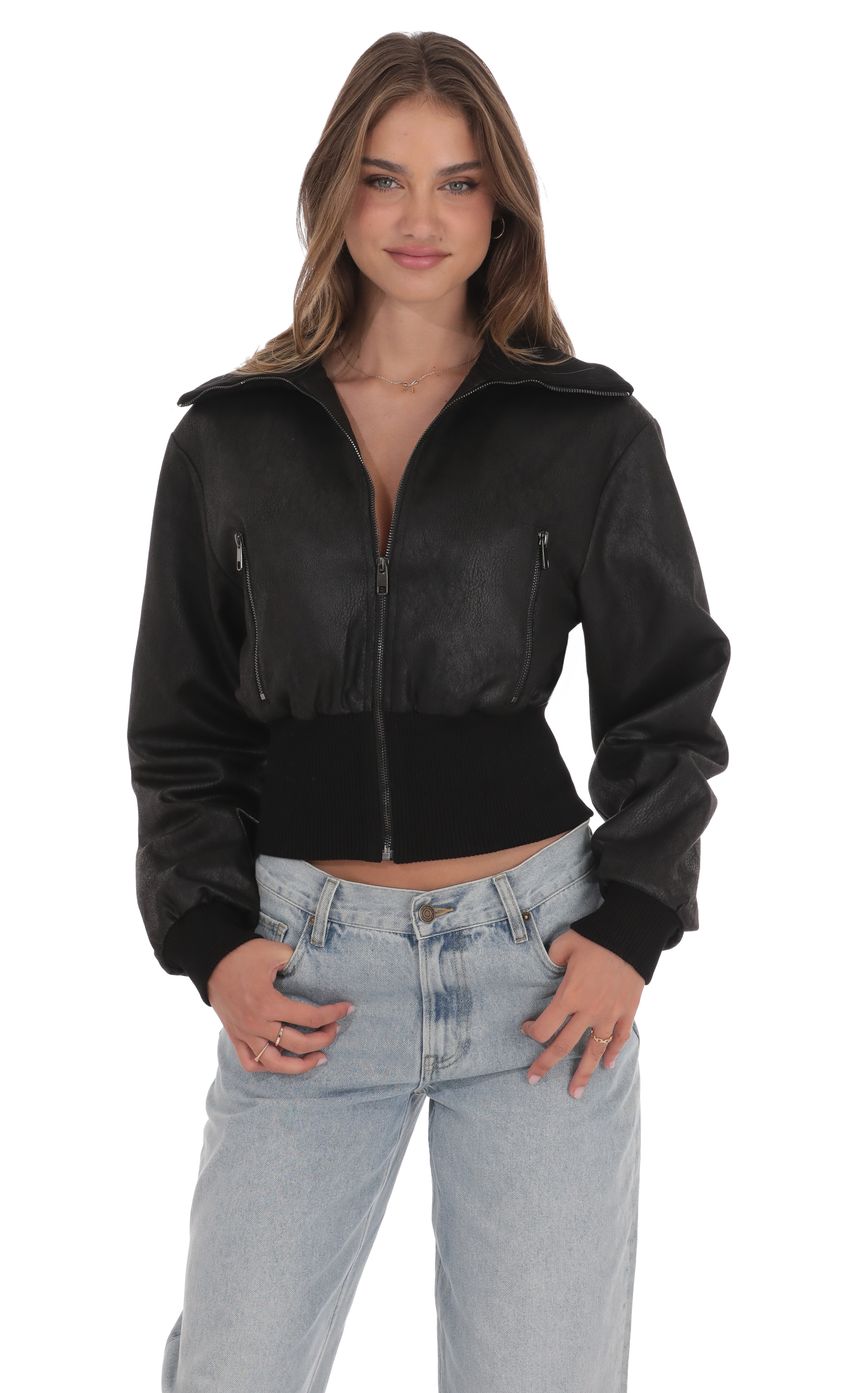 Product image for Cinched Faux Leather Bomber Jacket in Black