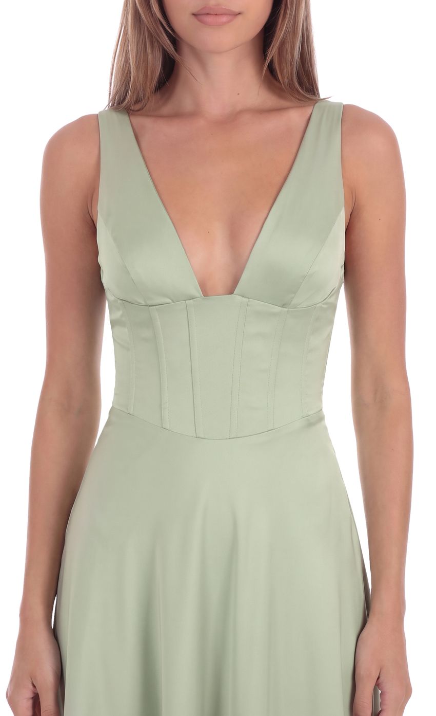Product image for Satin Plunge Neck Corset Maxi Dress in Sage