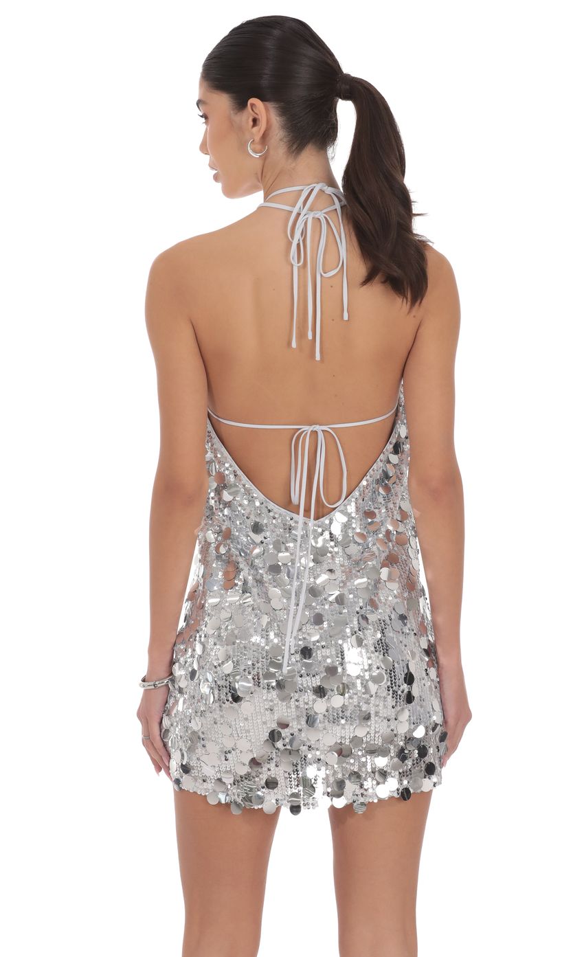 Product image for Circle Sequin Halter Shift Dress in Silver