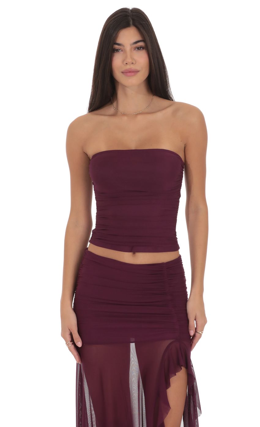 Product image for Mesh Ruched Tube Top in Plum
