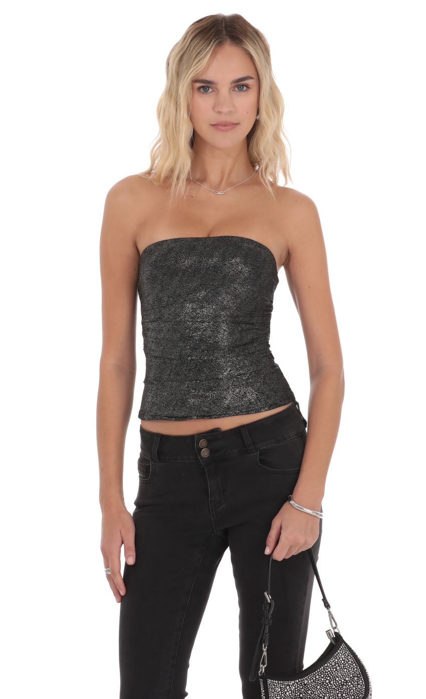 Product image for Foil Mesh Ruched Tube Top in Black