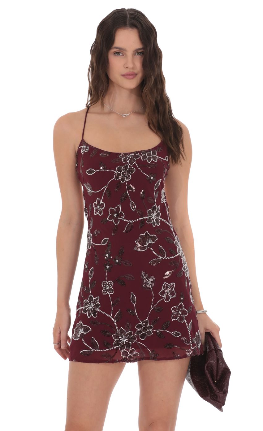 Product image for Floral Beaded Sequin Open Back Dress in Burgundy