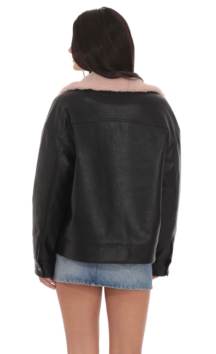 Product image for Faux Leather Sherpa Collar Jacket in Black