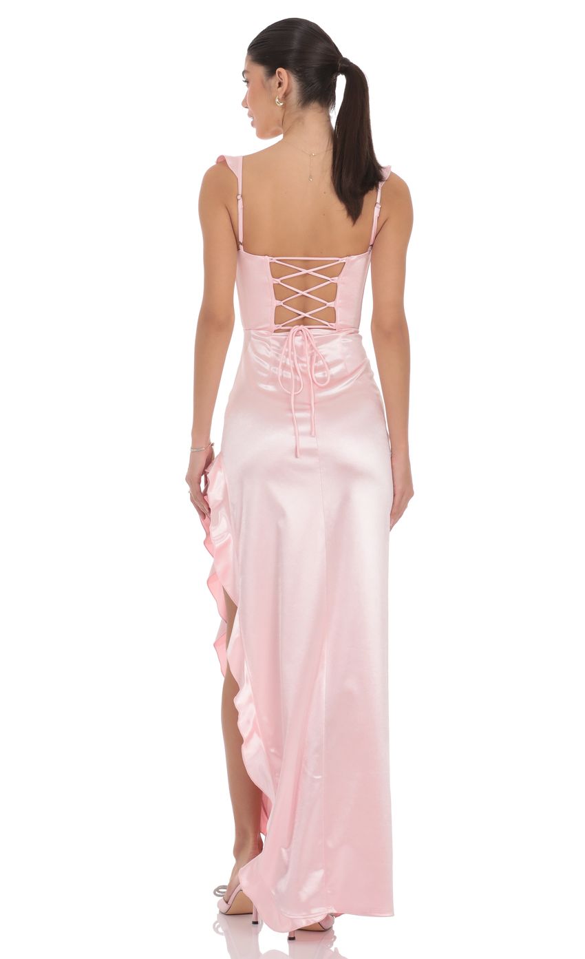 Product image for Satin Ruffle Maxi Dress in Pink