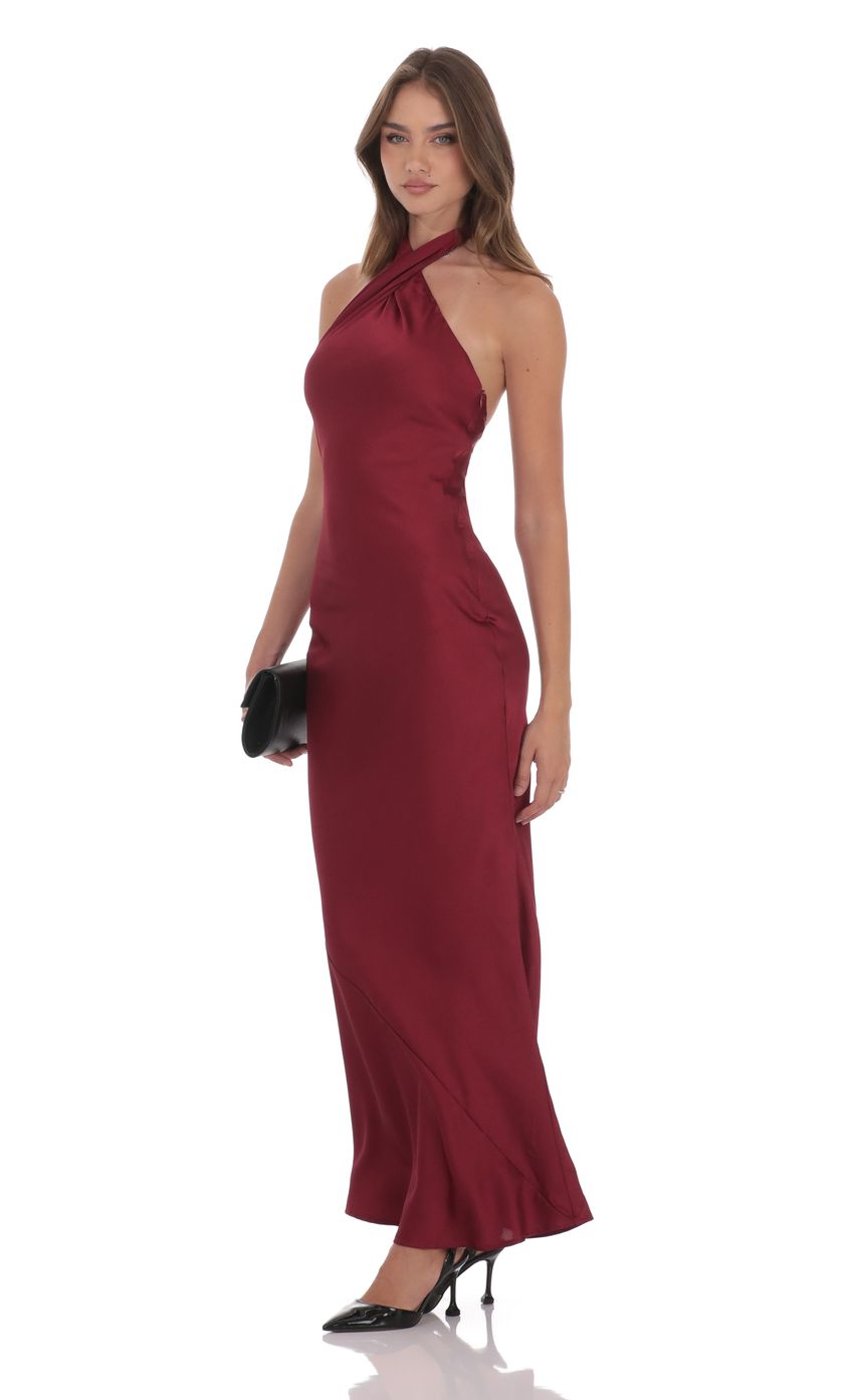 Product image for Satin Cross Halter Maxi Dress in Wine