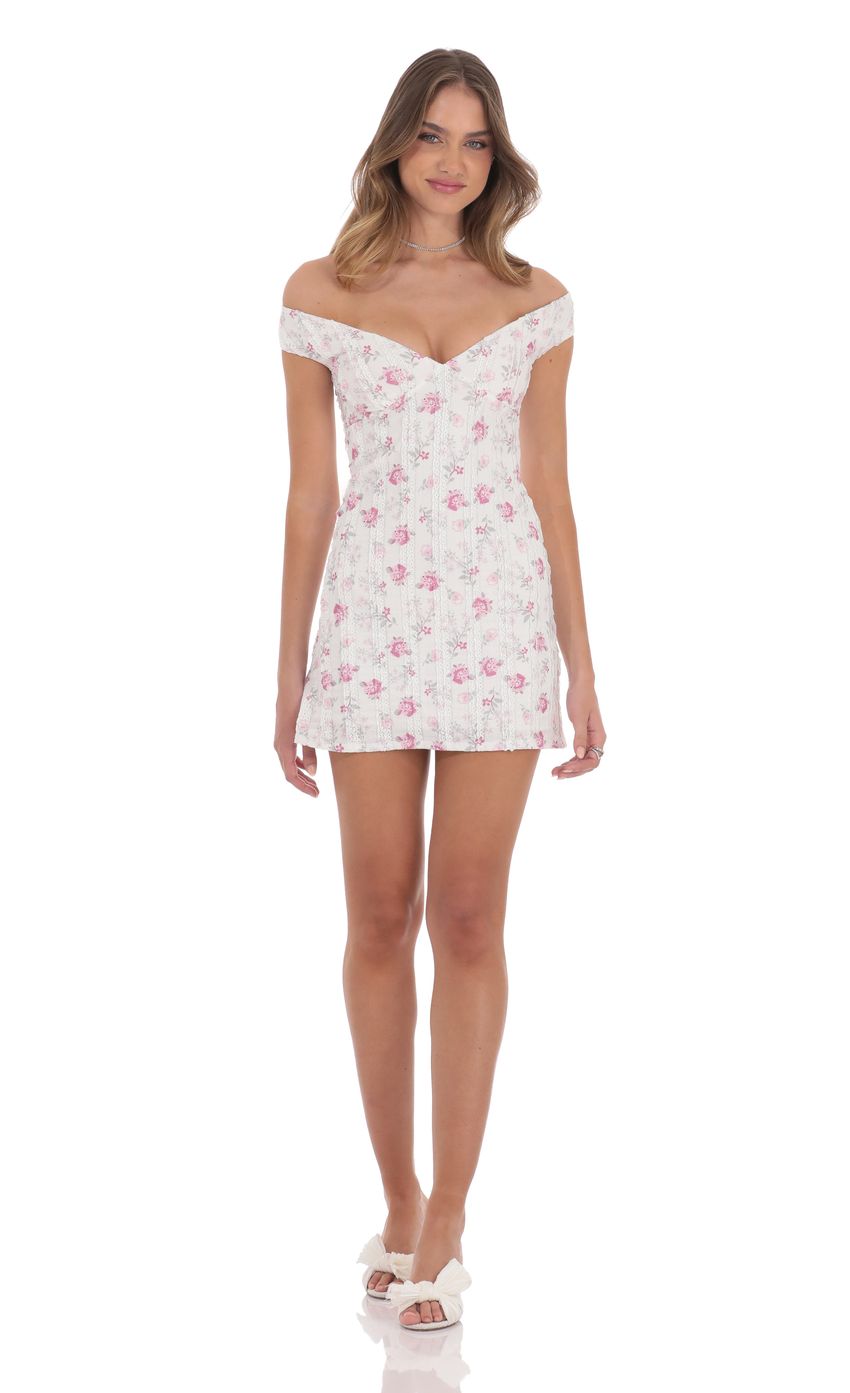 Picture Off Shoulder Lace Floral Dress in White. Source: https://media-img.lucyinthesky.com/data/product-media/850xAUTO/e08b4c2d-afa2-4102-9115-2d19abe7e290.jpg