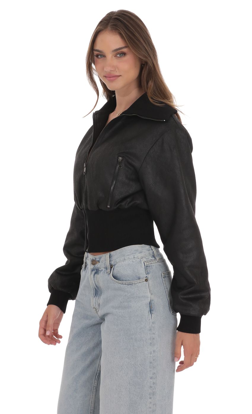 Product image for Cinched Faux Leather Bomber Jacket in Black