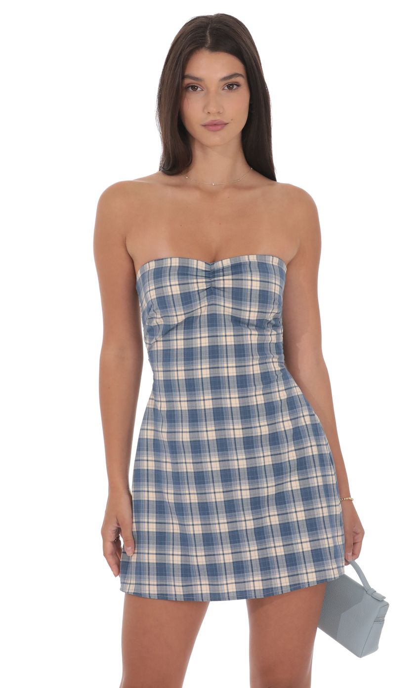 Product image for Strapless Plaid Dress in Blue