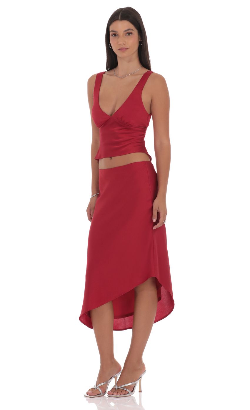 Product image for Satin Asymmetrical Midi Skirt in Red