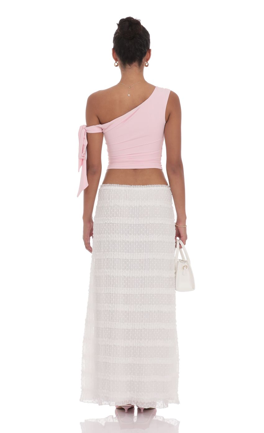 Picture Ruched Dotted Maxi Skirt in White. Source: https://media-img.lucyinthesky.com/data/product-media/850xAUTO/e18b8bb9-5d84-4640-853f-d2806b147e7d.jpg