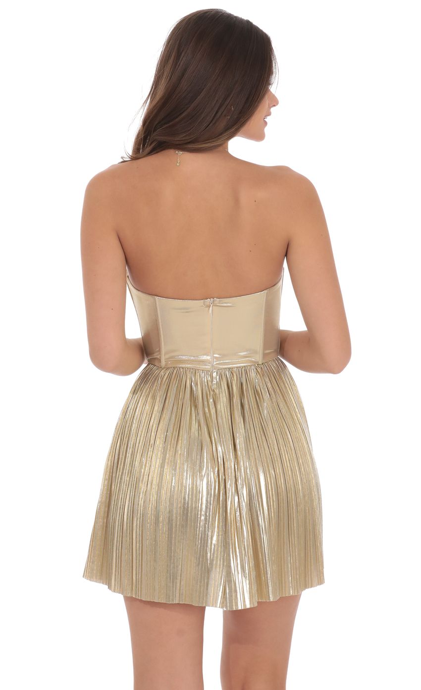 Product image for Metallic Pleated Corset A-line Dress in Gold