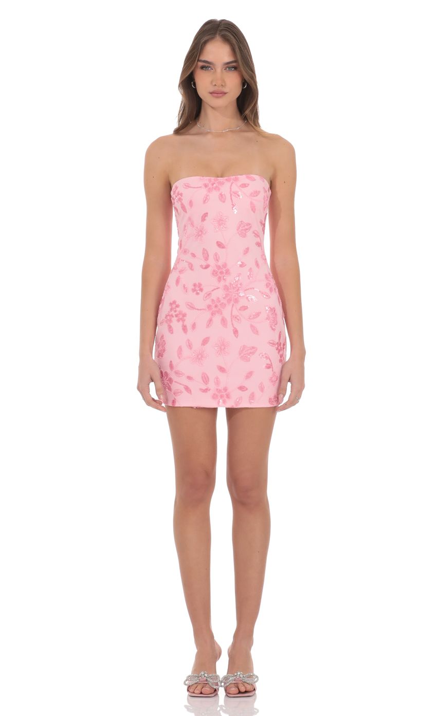 Product image for Strapless Sequin Floral Dress in Pink