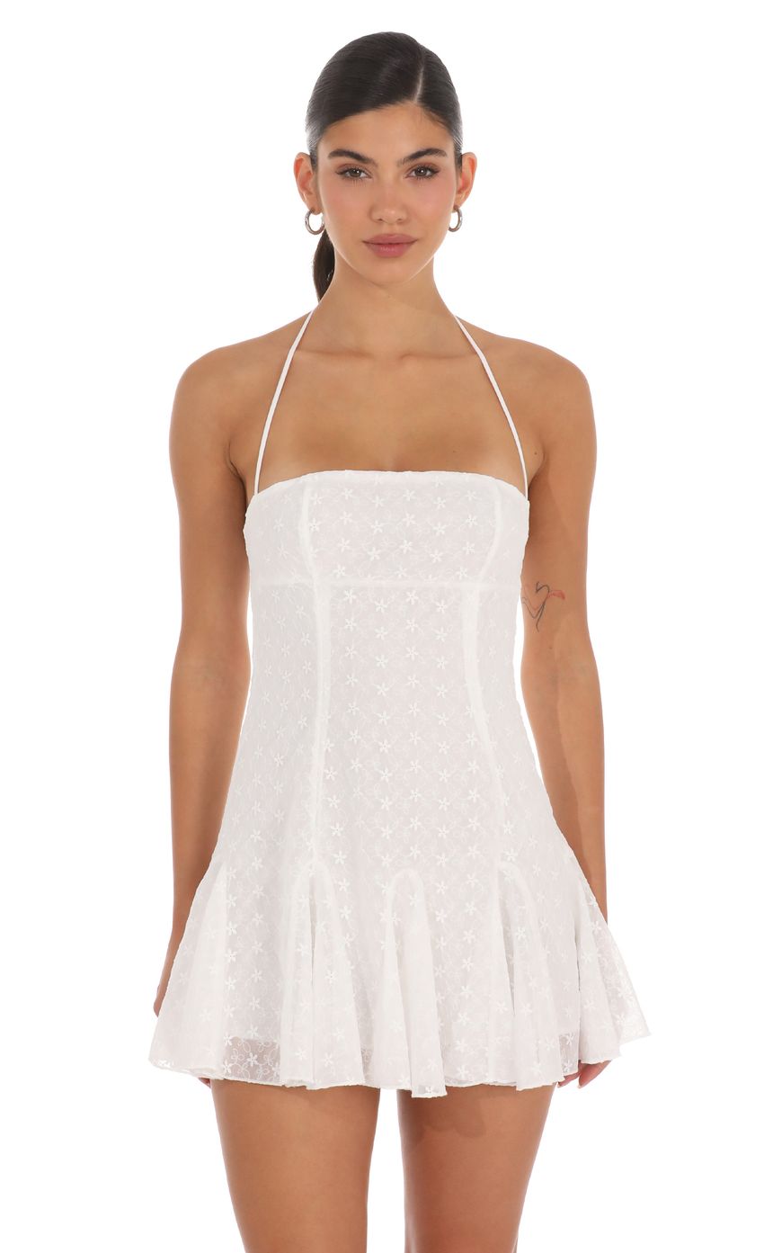 Product image for Embroidered Floral Flared Mini Dress in White