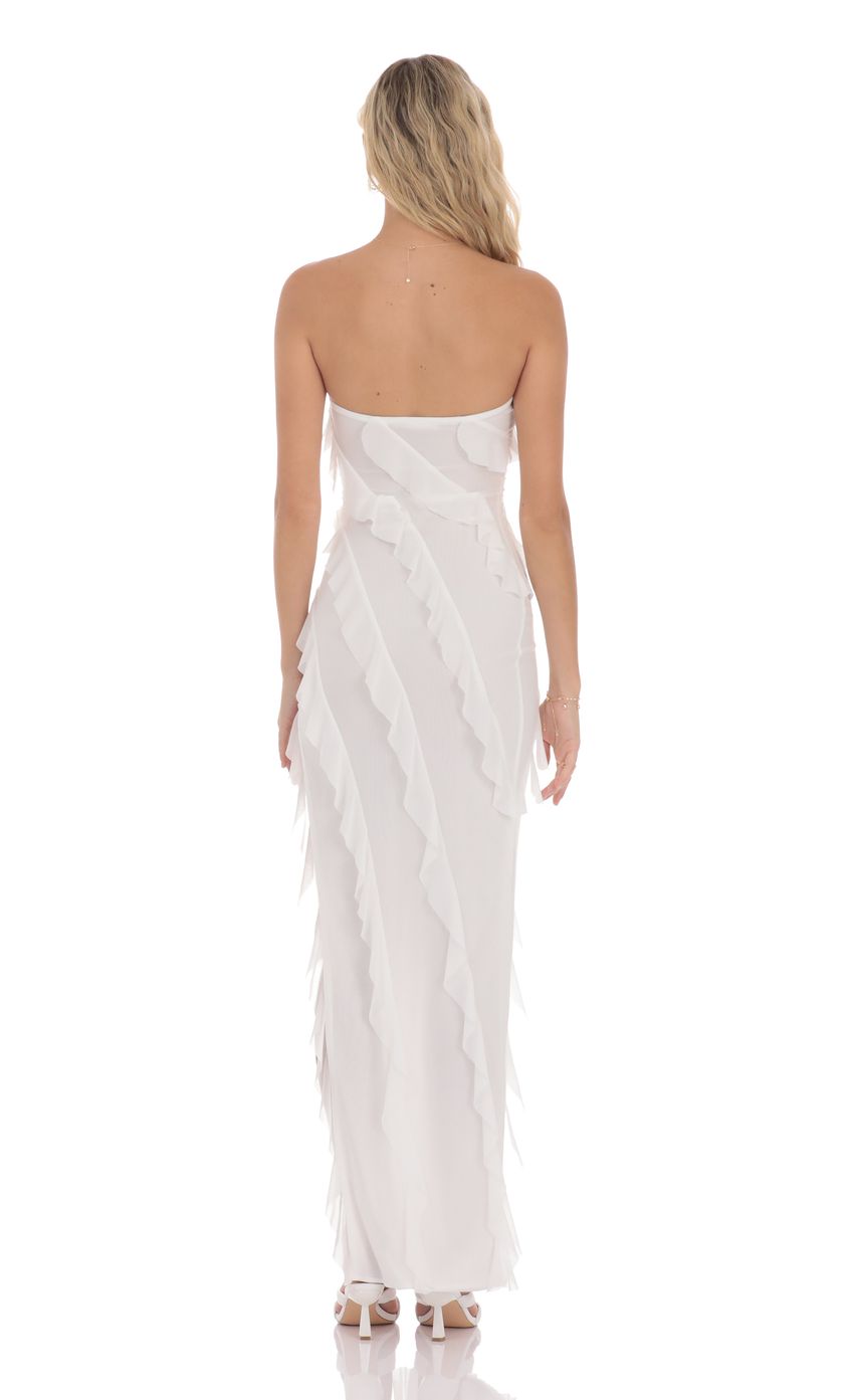 Picture Mesh Ruffle Strapless Maxi Dress in White. Source: https://media-img.lucyinthesky.com/data/product-media/850xAUTO/e32eee94-8559-4a28-a6fd-ce07ccdaf6cf.jpg