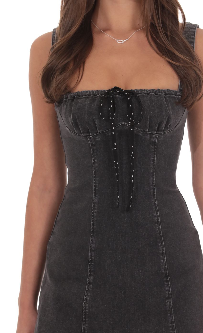 Product image for Denim Polka Dot Bow Dress in Washed Black