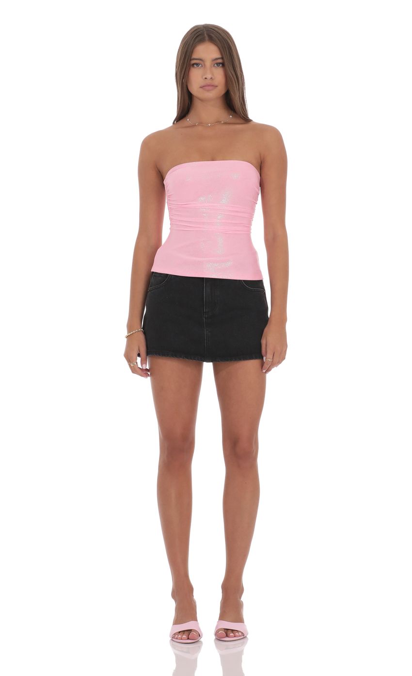Product image for Foil Mesh Ruched Tube Top in Pink