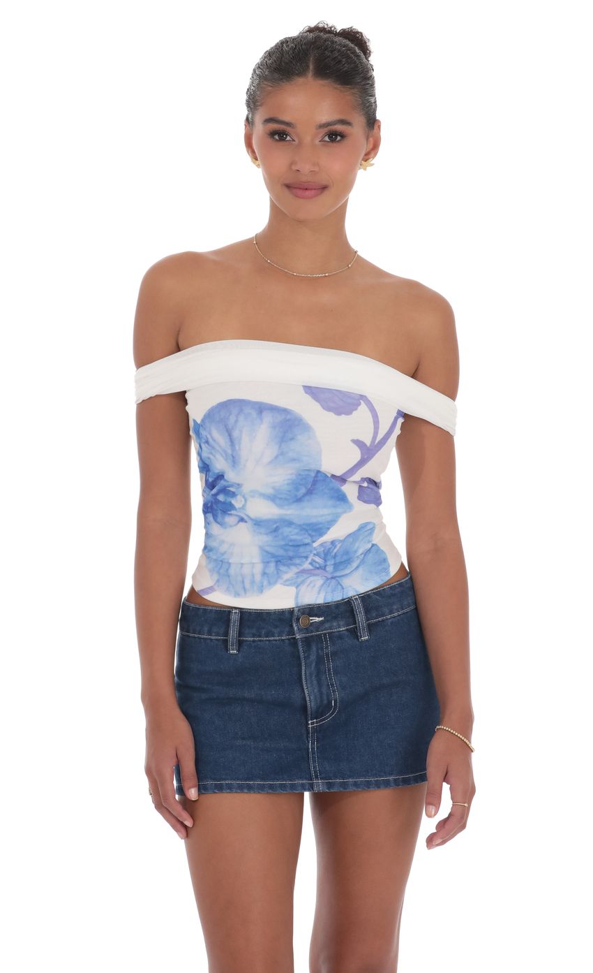 Picture Floral Mesh Off Shoulder Top in White. Source: https://media-img.lucyinthesky.com/data/product-media/850xAUTO/e55ea89a-99f2-4827-824a-bc547d6b0987.jpg