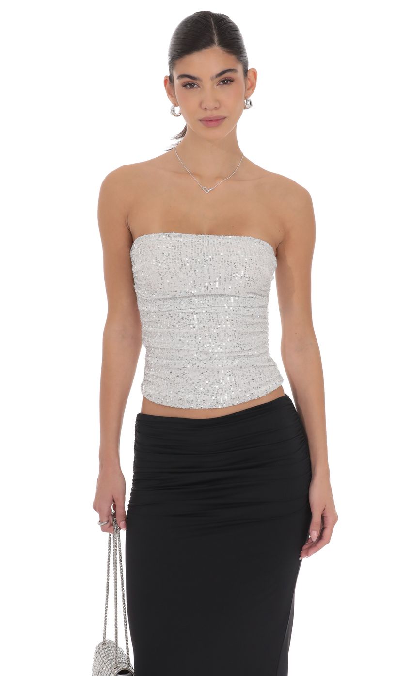 Product image for Sequin Ruched Tube Top in Silver