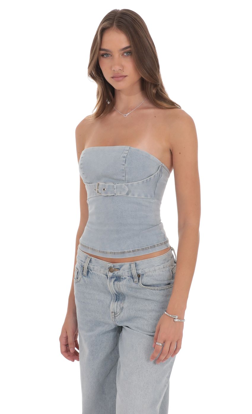 Product image for Belted Denim Top in Washed Blue