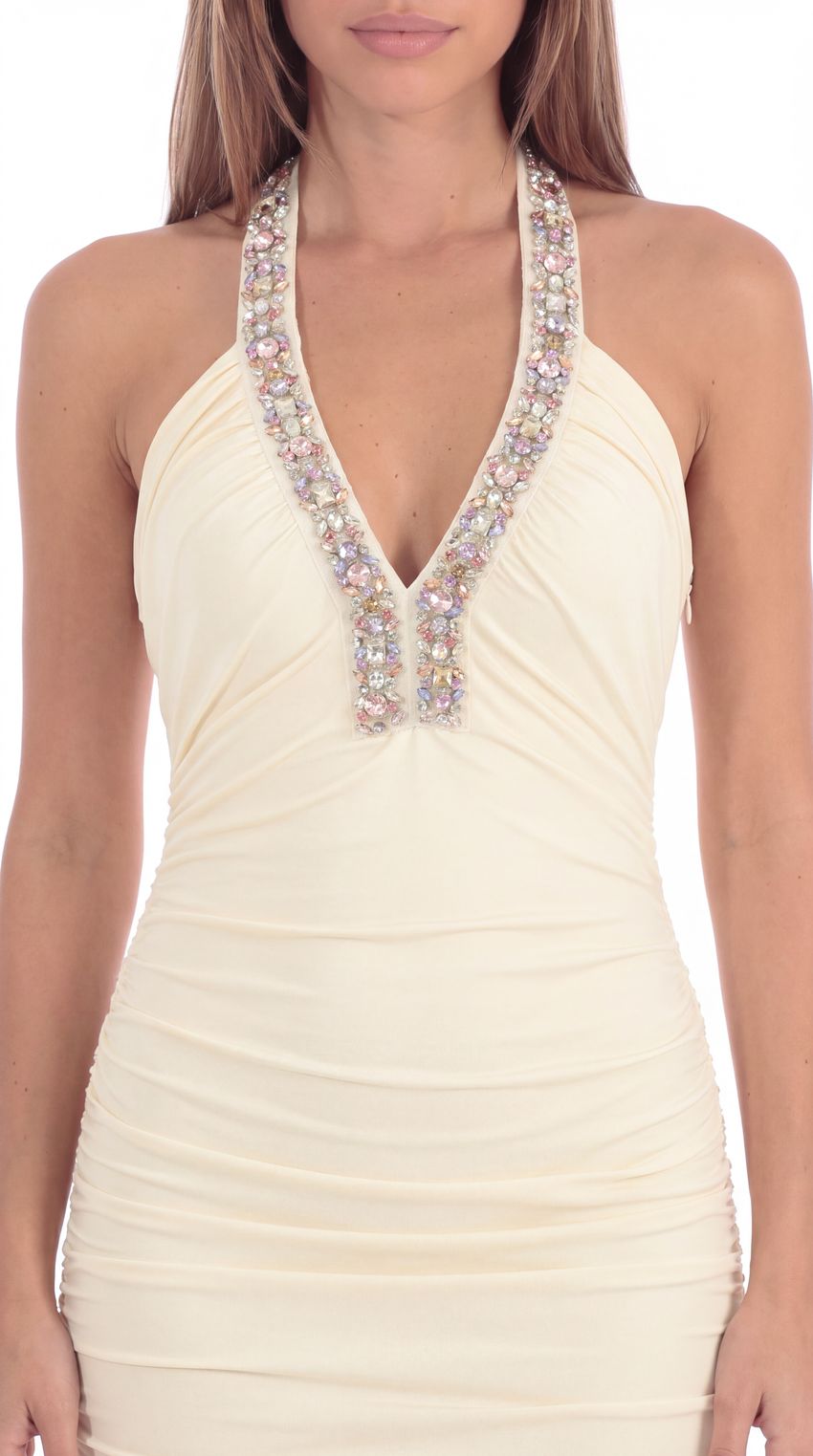 Product image for Embellished Stone Ruched Mini Dress in Ivory