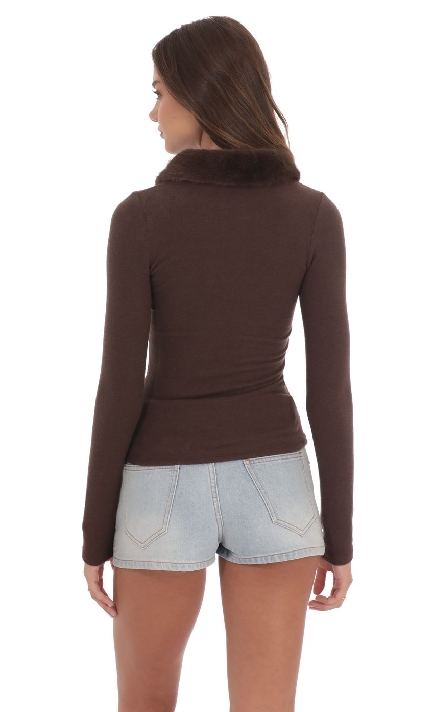 Изображение товара для Кардиган на молнии с меховым воротником коричневый