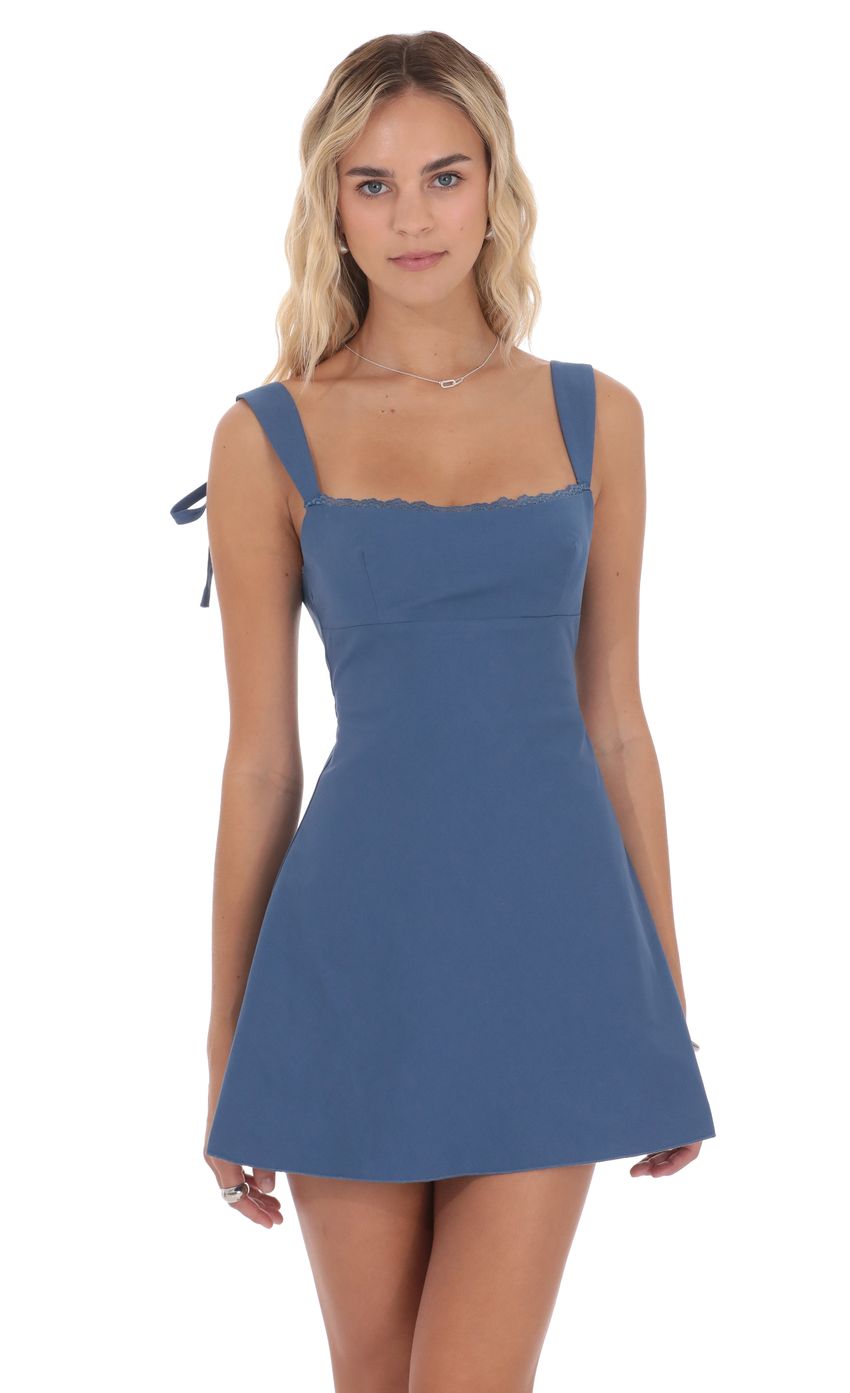 Product image for Lace Trim Open Back Dress in Denim Blue