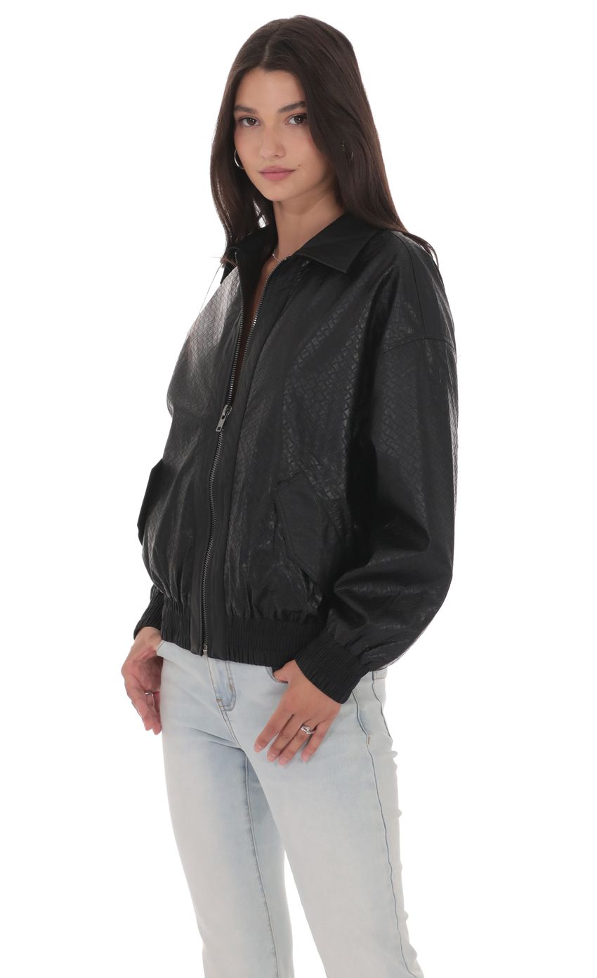 Product image for Woven Faux Leather Bomber Jacket in Black