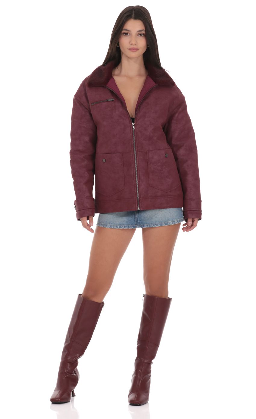 Product image for Oversized Fur Collar Jacket in Burgundy