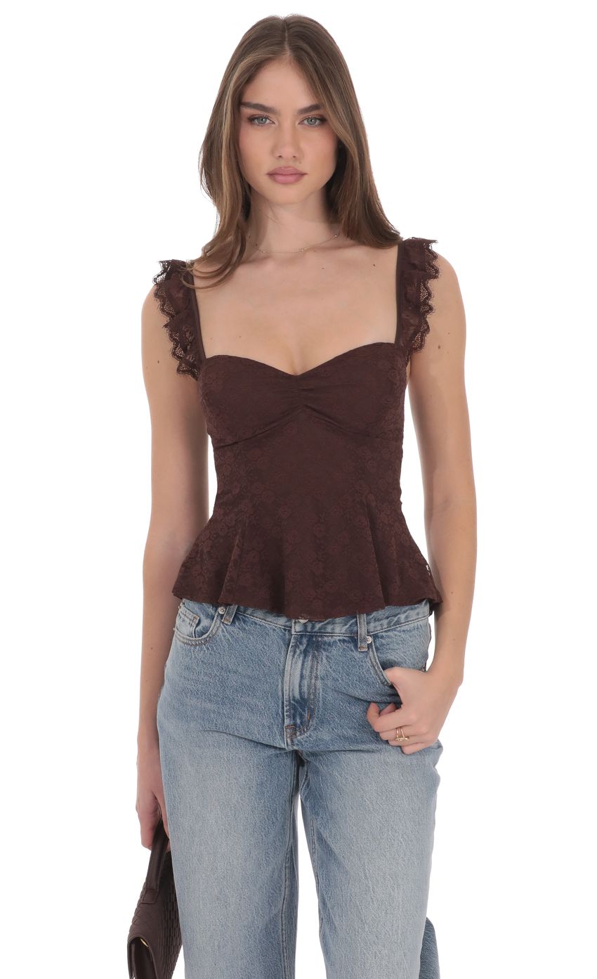 Product image for Lace Ruffle Strap Top in Brown