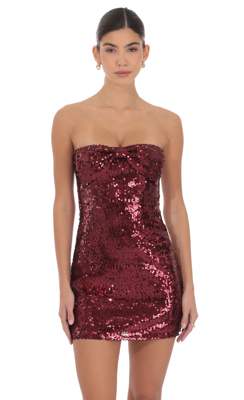 Product image for Strapless Sequin Bow Dress in Burgundy