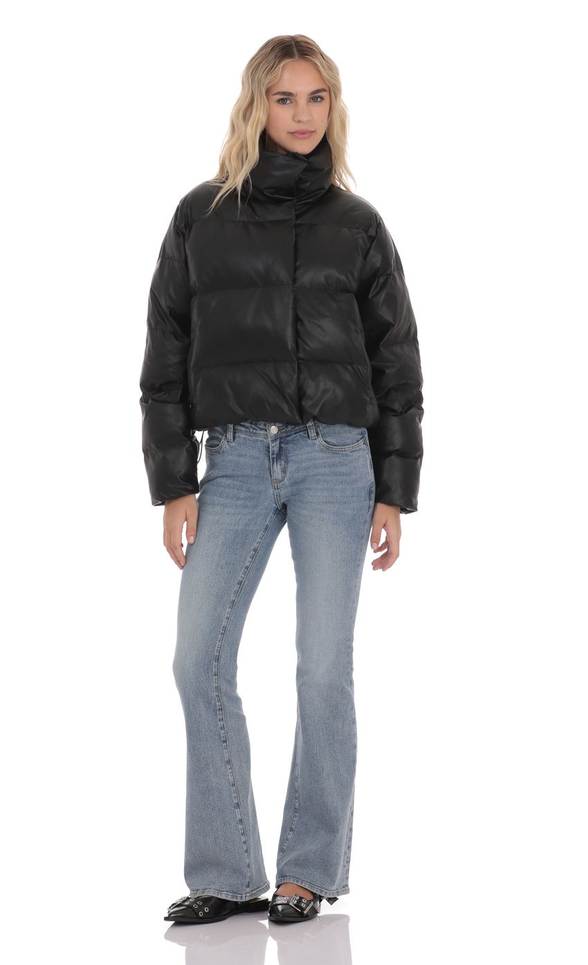 Product image for Faux Leather Puffer Jacket in Black