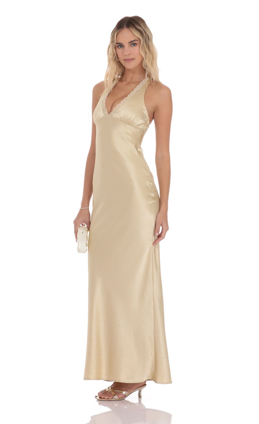 Product image for Satin Lace Trim Maxi Dress in Champagne