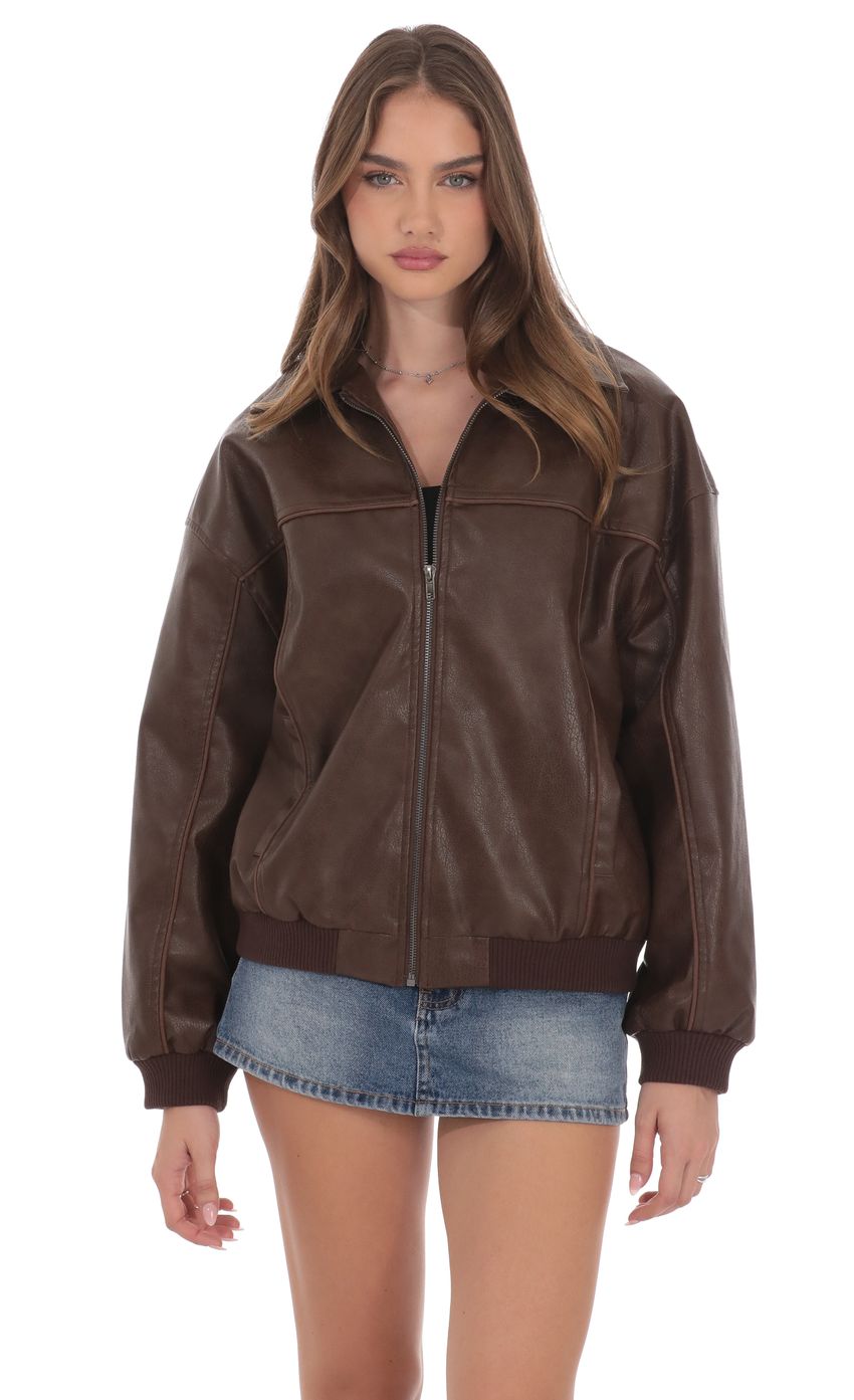 Product image for Faux Leather Bomber in Brown