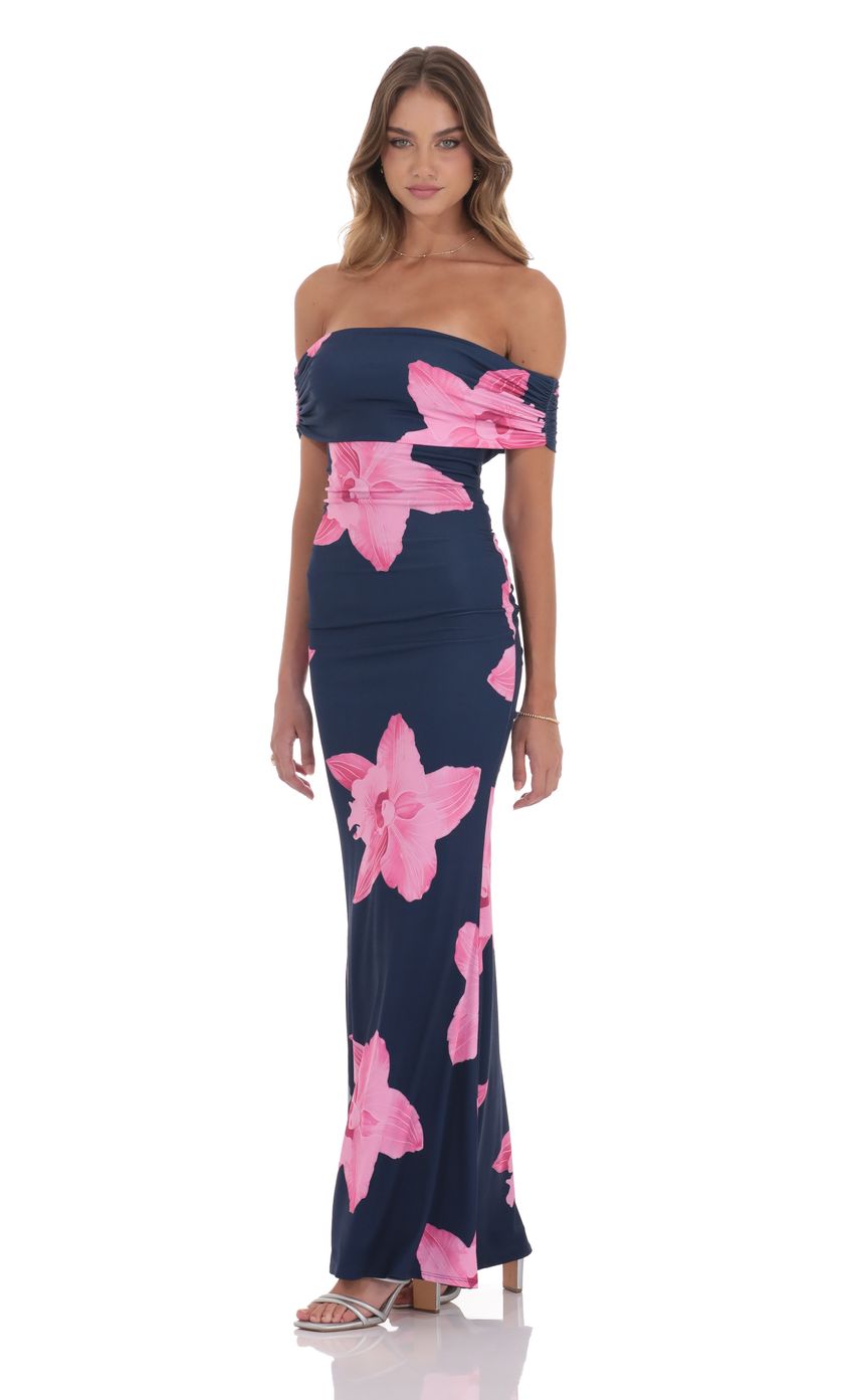 Picture Off Shoulder Pink Floral Maxi Dress in Navy. Source: https://media-img.lucyinthesky.com/data/product-media/850xAUTO/e9572a08-6c0e-4ae8-8ec2-4d7ee434346a.jpg