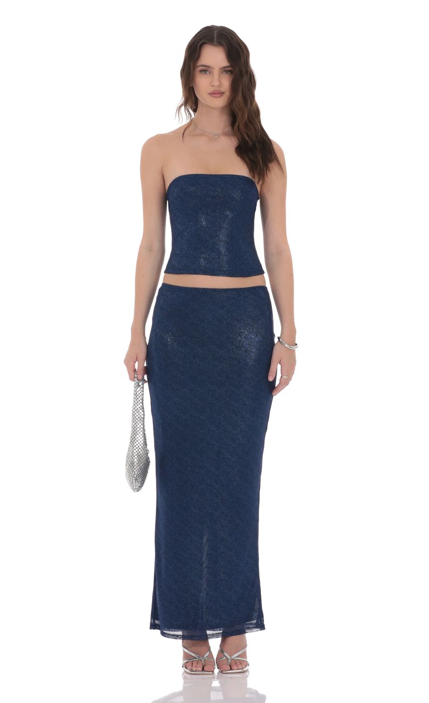 Product image for Strapless Foiled Lace Two Piece Set in Navy