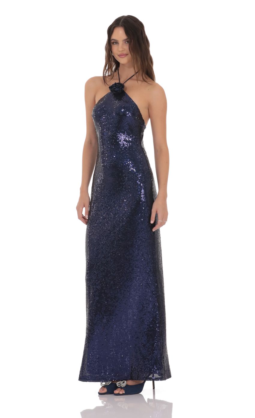 Product image for Sequin Florette Halter Maxi Dress in Navy