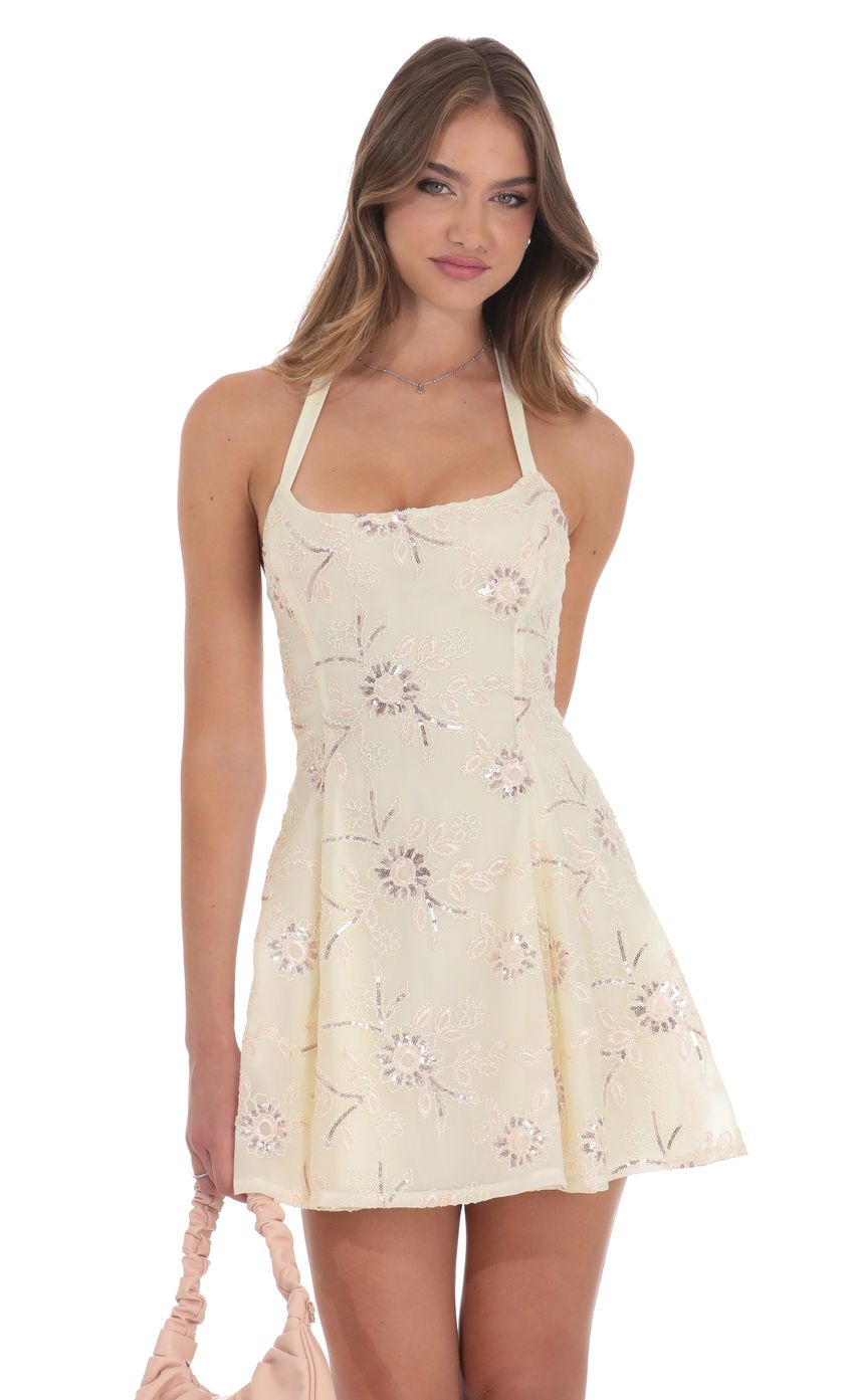 Product image for Floral Halter Open Back Dress in Cream