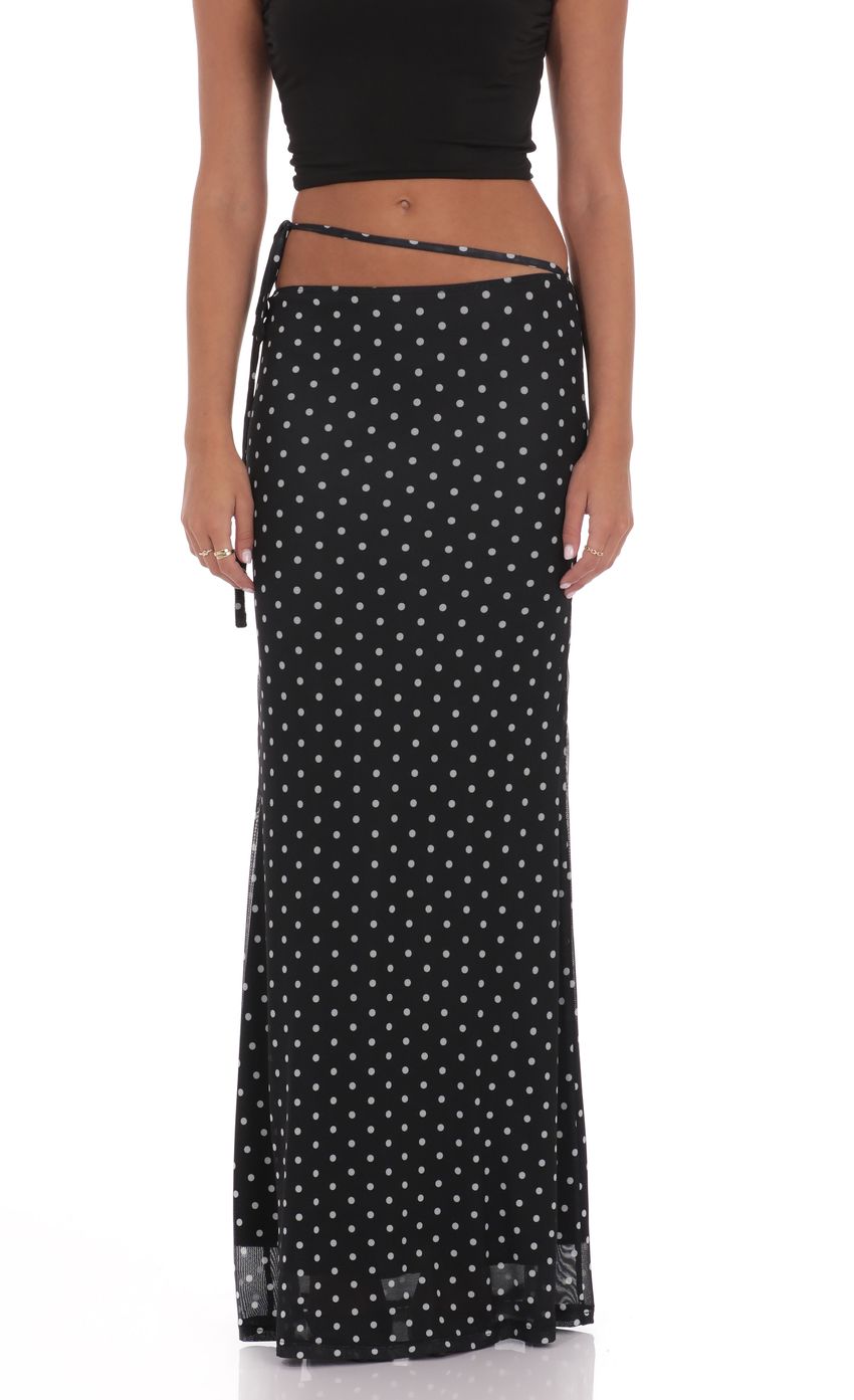 Product image for Mesh Polka Dot Wrap Maxi Skirt in Black
