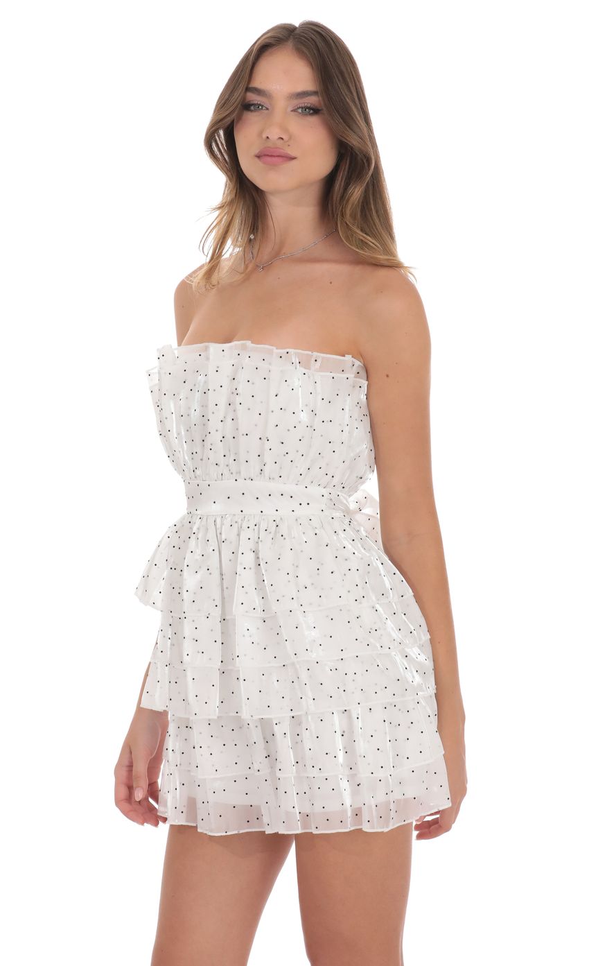 Picture Tiered Polka Dot Strapless Dress in White. Source: https://media-img.lucyinthesky.com/data/product-media/850xAUTO/eaed1dde-16c2-40bc-9311-e896779d4025.jpg