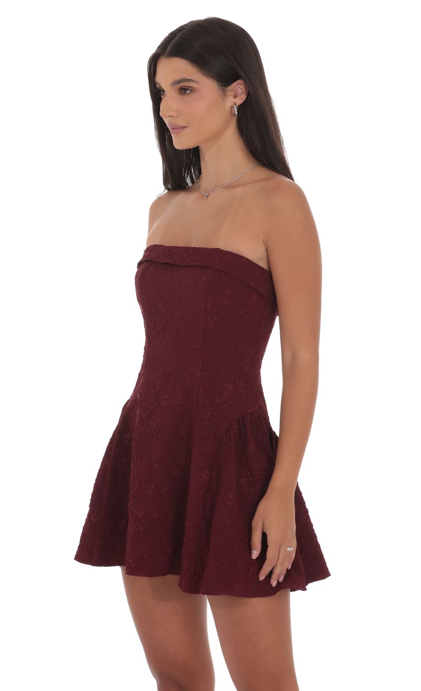 Product image for Jacquard Strapless Flare Dress in Burgundy