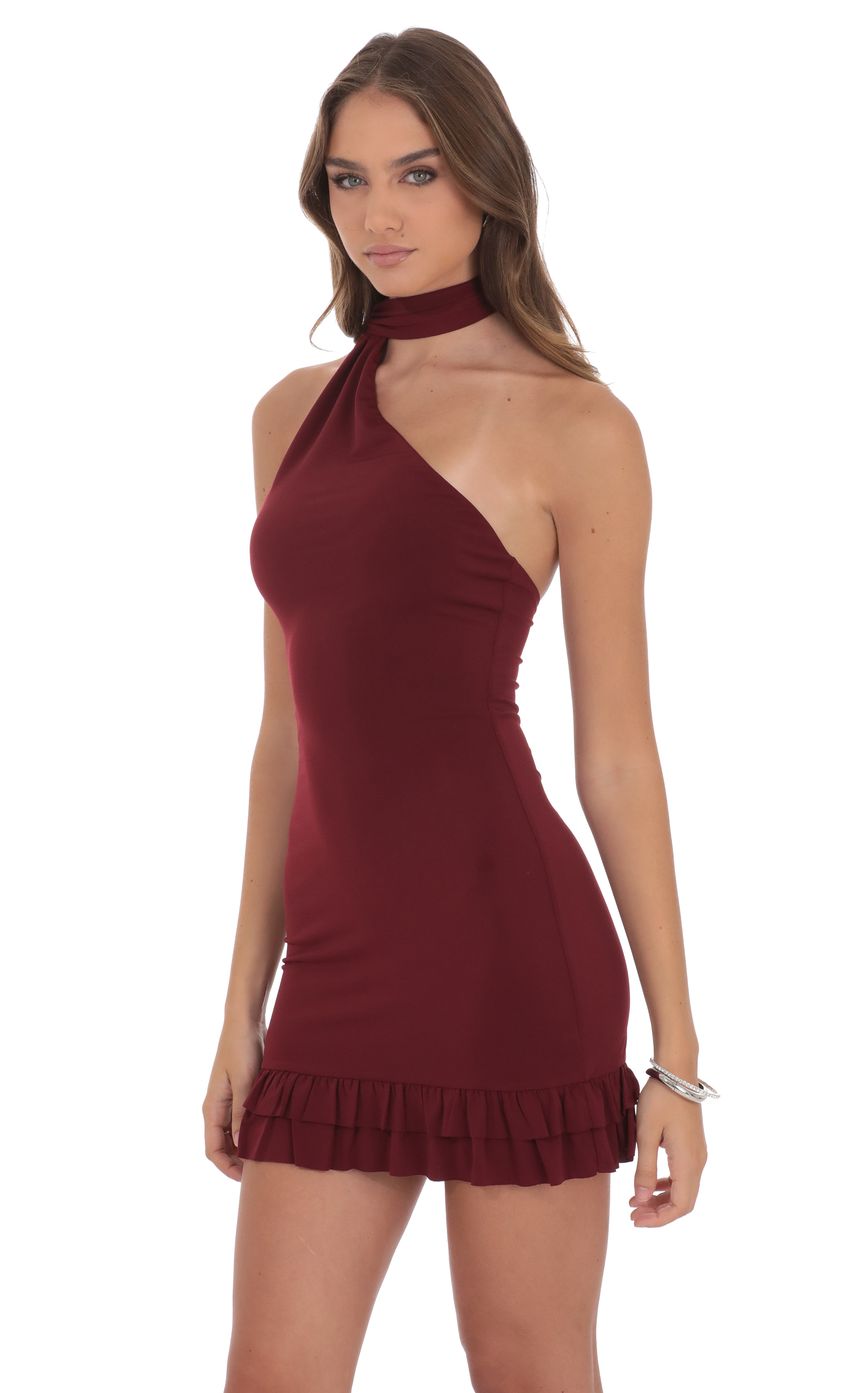 Product image for Scarf Halter Ruffle Dress in Burgundy