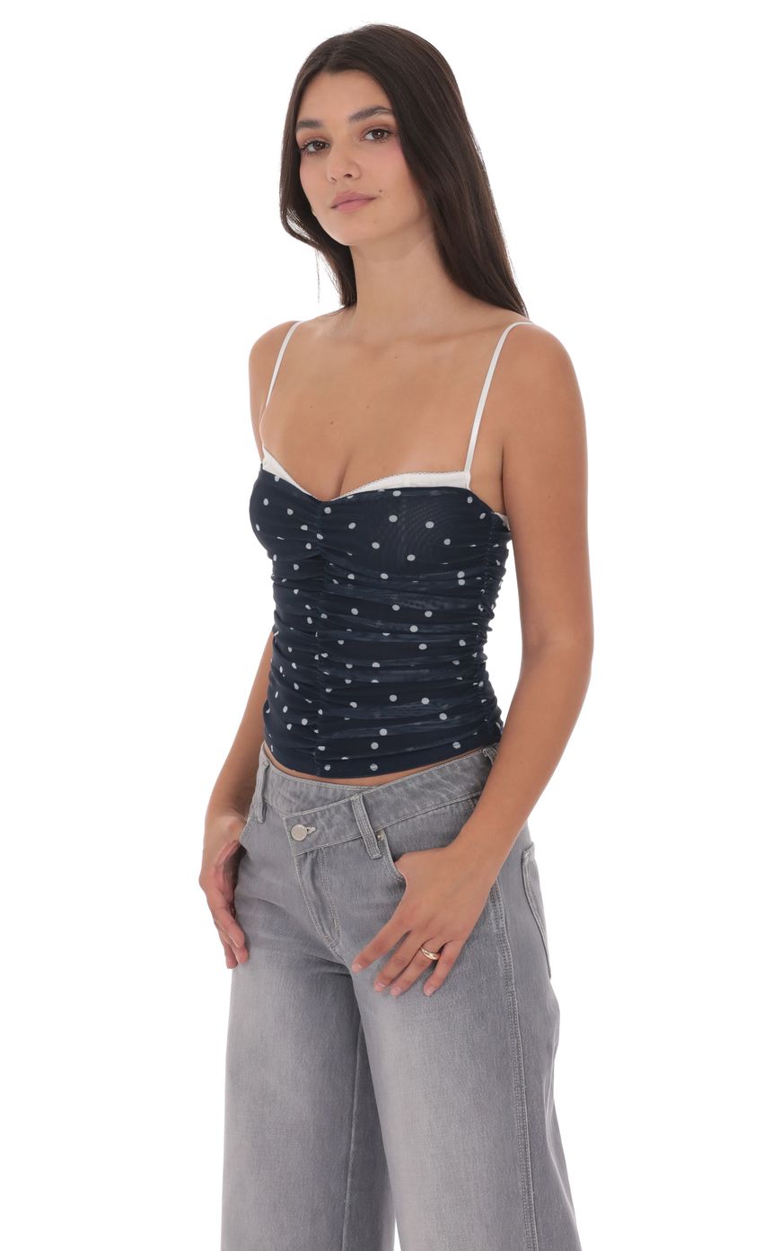 Product image for Ruched Polka Dot Mesh Top in Navy