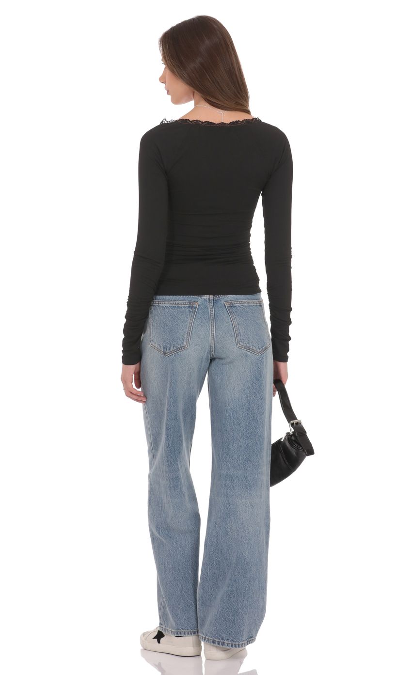 Product image for Lace Trim Long Sleeve Top in Black