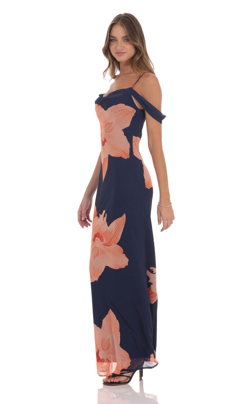 Picture Orange Floral Off Shoulder Maxi Dress in Navy. Source: https://media-img.lucyinthesky.com/data/product-media/850xAUTO/ef93c1ca-8e4b-4de1-a880-aceeabd5db7e.jpg