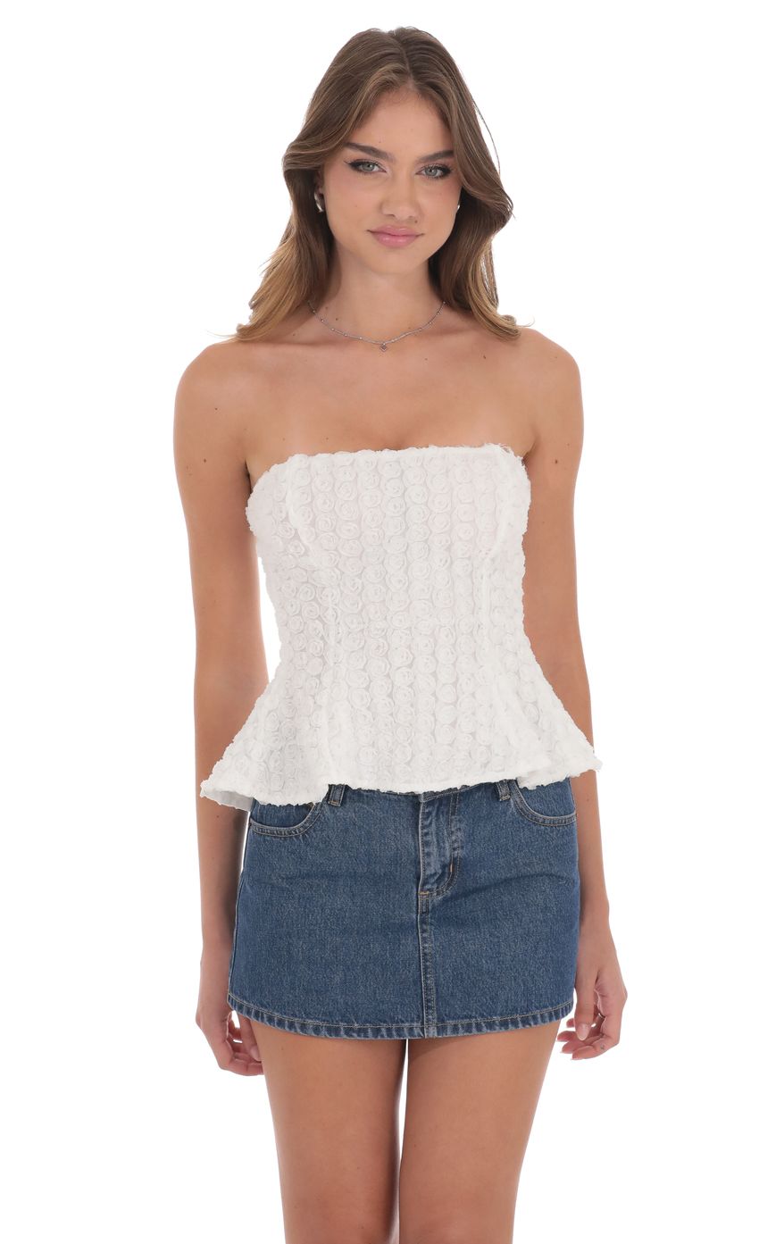 Picture Floral Strapless Peplum Top in White. Source: https://media-img.lucyinthesky.com/data/product-media/850xAUTO/f0047a4b-2fbc-4995-a65e-28793166c89a.jpg