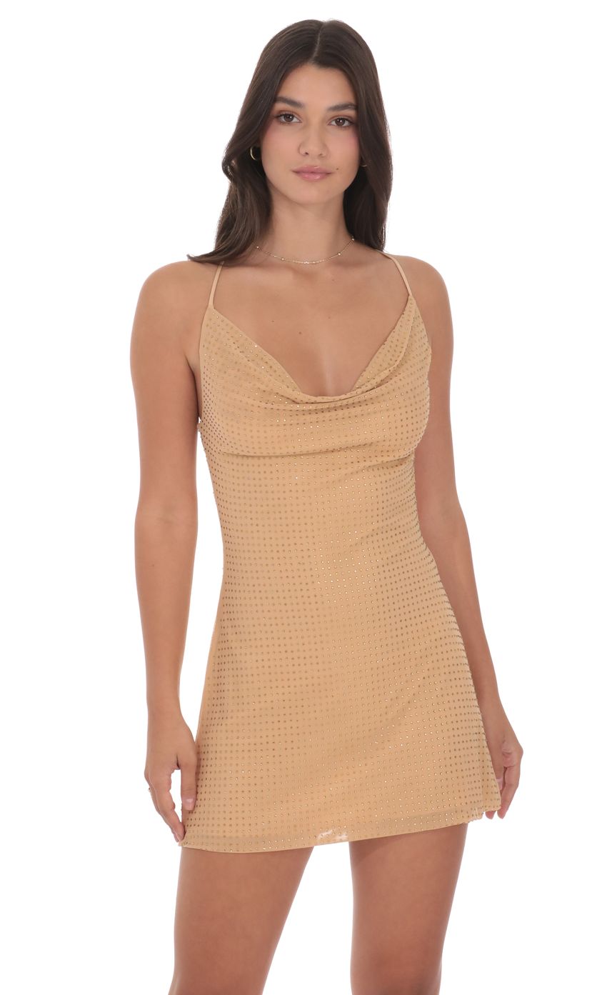 Product image for Rhinestone Cowl Neck Dress in Beige