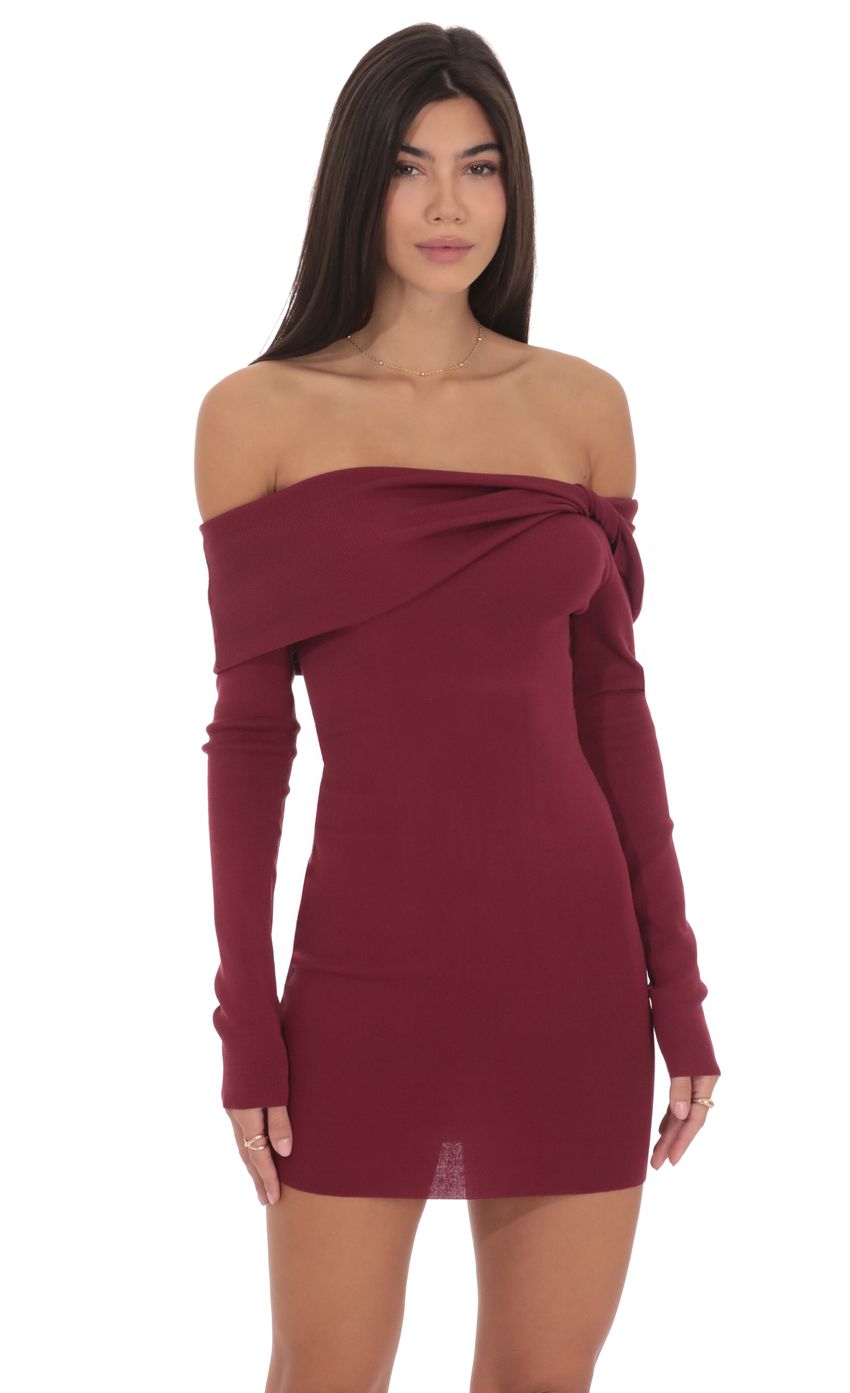 Product image for Ribbed Twist Off Shoulder Dress in Plum