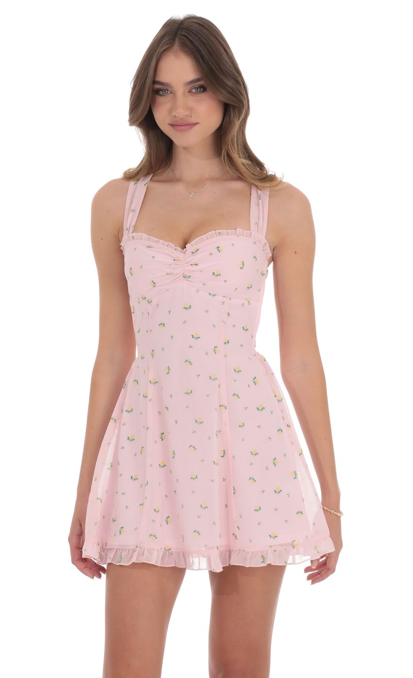 Picture Floral Strappy Back Bows Dress in Pink. Source: https://media-img.lucyinthesky.com/data/product-media/850xAUTO/f0a82732-b021-4088-8041-53585d8b71ea.jpg